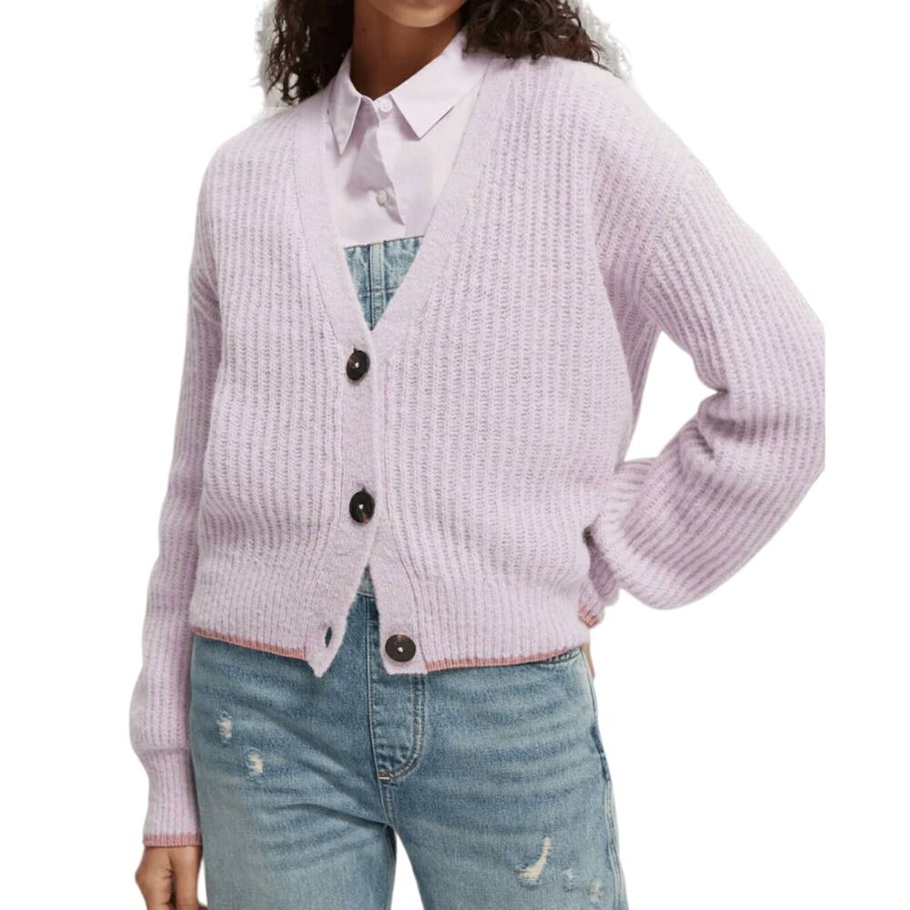Scotch & Soda Fuzzy Knitted Cardigan Purple Lilac Orchid Boxy Fit Chunky L New